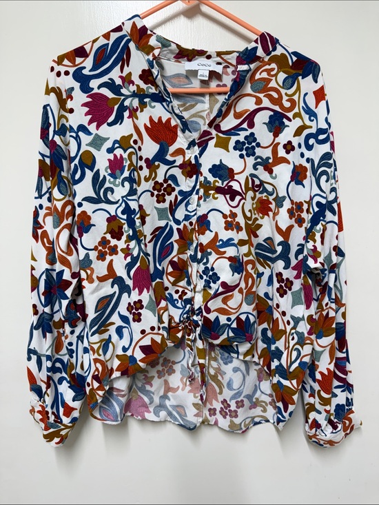 CeCe Tops - CeCe White Floral Paisley Tie-Front Button Blouse